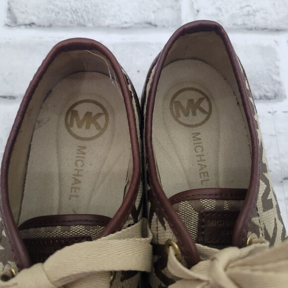 MK Michael Kors Logo Sneakers Brown Tan Canvas Leather Cap Toe Size 6.5 - Picture 7 of 10